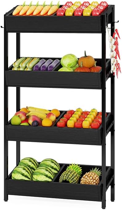 Tribesigns Wood Fruit and Vegetable Basket Stand Rack for Kitchen, Office, Store, Supremarket, Pantry Shelf Unit for Snacks, 4-Tier Wooden Utility Storage Shelves (Black)