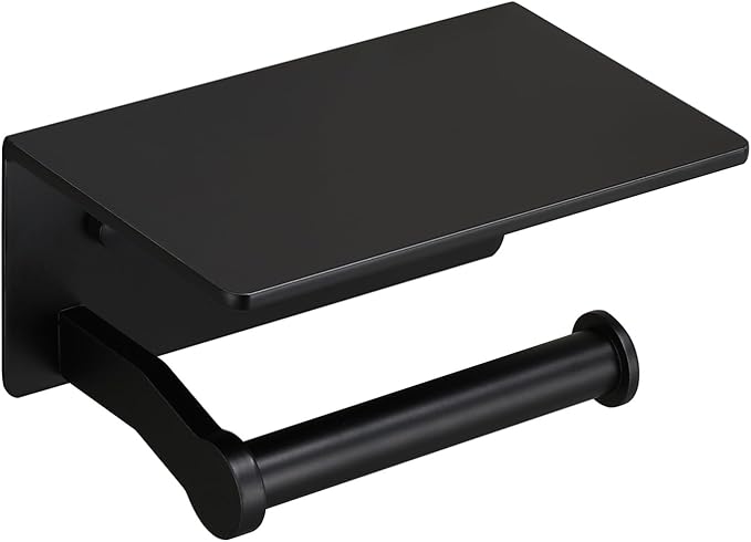 Toilet Paper Holder with Cell PhoneShelf - Toilet Tissue Holder with Wipes Storage, Wall Mounted by Adhesive Tape or Screw - Matte Black