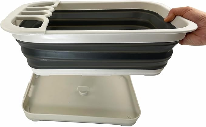 SAMMART 7.3L (1.9 Gallon) Collapsible Dish Drainer with Drainer Board - Foldable Drying Rack Set - Portable Dinnerware Organizer - Space Saving Utensil Kitchen Storage Tray (1, Grey/Washed Black)