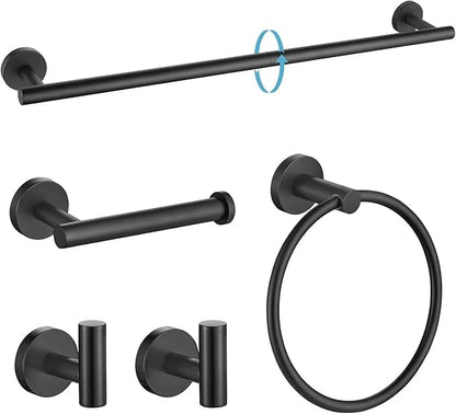 5Pcs Matte Black Bathroom Hardware Towel Bar Accessories Set 23.6 Inch SUS304 Stainless Steel Bath Towel Racks with Toilet Paper Holder Shelf for Bathroom Kitchen Wall Mounted, Middle Removable