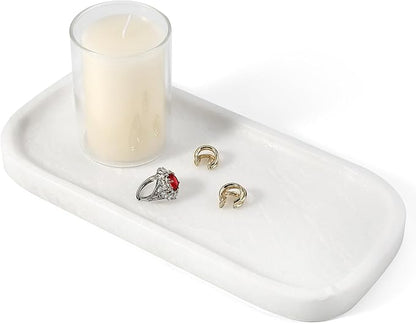Koville Marble Tray, 10"x5" Marble Vanity Tray for Bathroom Countertop Kitchen Sink, Rectangular Stone Tray for Perfume Fragrance, Decorative Catchall Tray Jewelry Cosmetics Organizer(White)