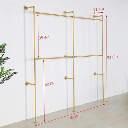 Industrial Pipe Clothes Rack Metal Clothing Store Display Stands Wall Mounted Garment Rack, Heavy Duty Hanging Rod for Closet Storage, 89.8in Gold