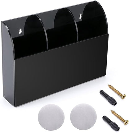 Hipiwe Wall Mount Remote Control Holder Clear Acrylic Media Organizer Storage Box Coffee Table and Nightstand Convenient Remote Control Caddy (Three Compartments Black)