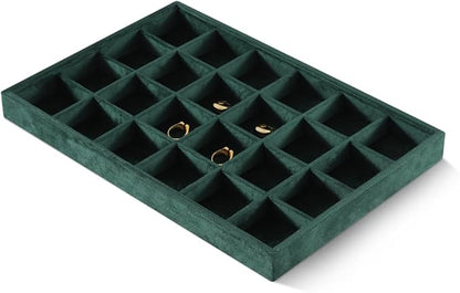 Velvet Stackable Jewelry Display Tray, 24 Grid Earring Ring Storage Tray, Drawer Divider Jewelry Accessories Organizer Plate (Green)