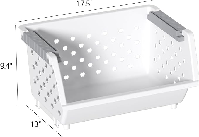 Vcansay 4 Packs Plastic Stackable Storage Basket, Large Stacking Baskets, Open Front Stacking Plastic Bins, White