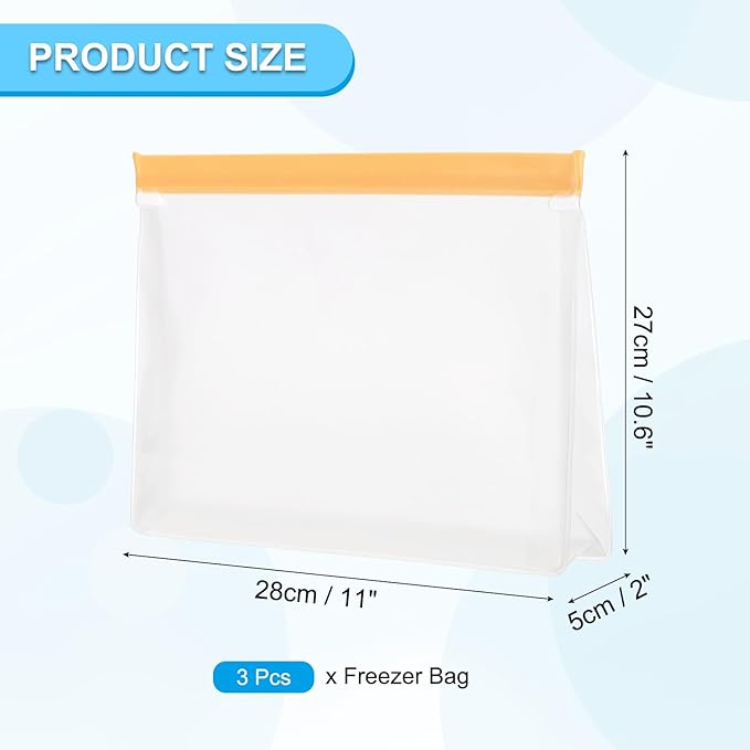 PATIKIL 11"x2"x10.6" Reusable Freezer Bag, 3 Pcs Leakproof Zip Food Storage Stand Up Bags Fridge Snack Vegetable Fruit Ice Container for Long-Lasting Freshness, Orange