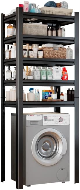Over Washer and Dryer Shelves, 5 Tier Adjustable Metal Laundry Room Shelf, Sturdy and Spacious Organizer for Laundry Detergent, Supplies & More, 36''W*13''D*77.44''H, Black
