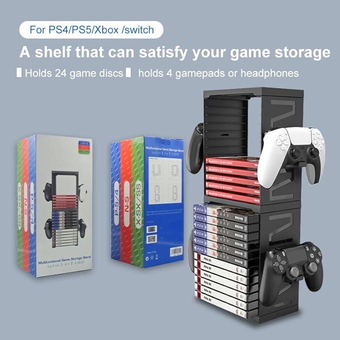 Video Game Storage Tower for PS5 PS4 Xbox Nintendo Switch Games, Universal Discs Organizers 24 PCS with 4 Controllers Holder, Disk Box Stand Rack Accessories