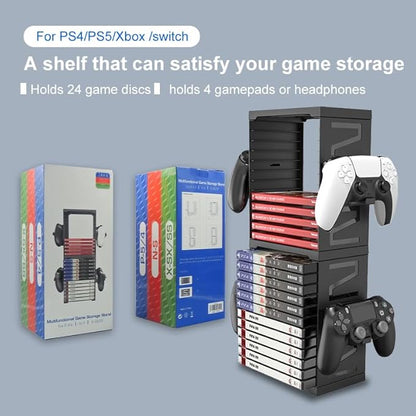 Video Game Storage Tower for PS5 PS4 Xbox Nintendo Switch Games, Universal Discs Organizers 24 PCS with 4 Controllers Holder, Disk Box Stand Rack Accessories