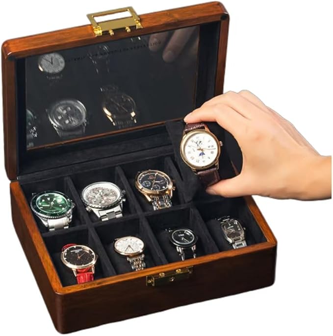 Bescott Solid Wood Watch Box 8 Slots With Glass Lid Walnut Collection Case For Men Women Luxury Wooden Display Organizer Storage Holder