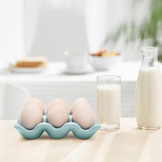 Flexzion Porcelain Egg Crate - 6-Egg Capacity Ceramic Egg Tray, Half Dozen Egg Holder for Fridge, Countertop Display - Blue Decorative Serving Dish and Storage Organizer, 2 Pack