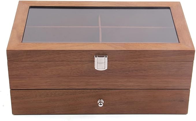 DouSeiAi Double Layer Wooden Sunglasses Organizer, 12 Grids Sunglasses Storage Box, Sunglasses Display Case with Lock Eyewear Holder Organizer Mahogany