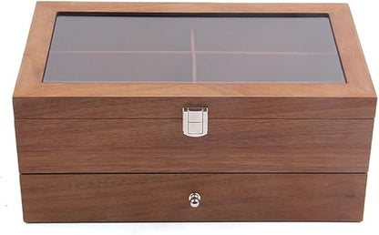 DouSeiAi Double Layer Wooden Sunglasses Organizer, 12 Grids Sunglasses Storage Box, Sunglasses Display Case with Lock Eyewear Holder Organizer Mahogany