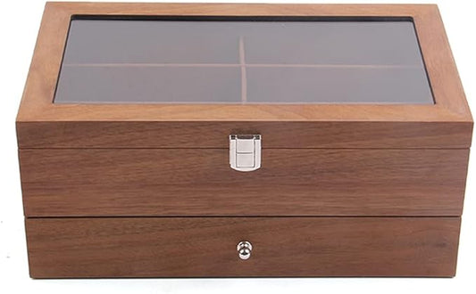 DouSeiAi Double Layer Wooden Sunglasses Organizer, 12 Grids Sunglasses Storage Box, Sunglasses Display Case with Lock Eyewear Holder Organizer Mahogany
