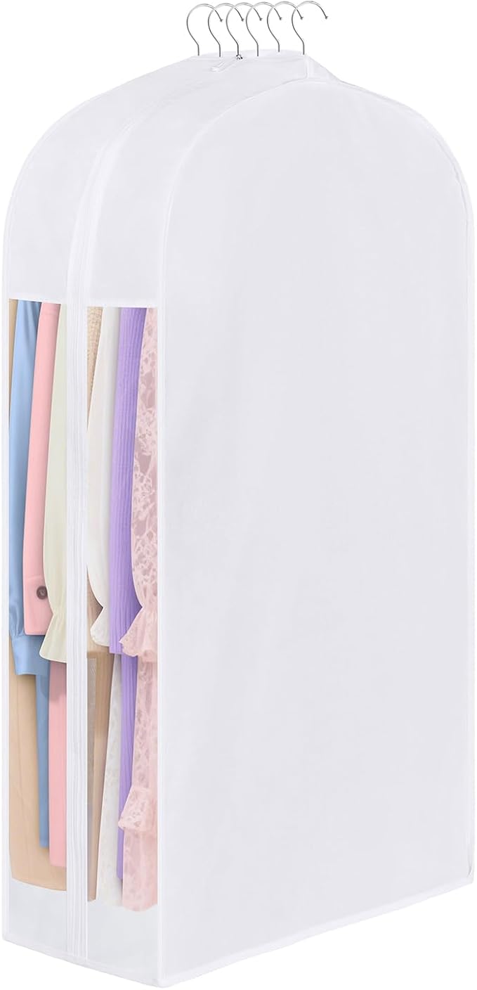 Kntiwiwo 43" Cotton Garment Bag for Hanging Clothes and Storage, Breathable Suit Bags for Closet Storage with 10" Gusseted & Large Clear Window for Suits, Short Dresses, Jackets, Sweaters, 1 Pack