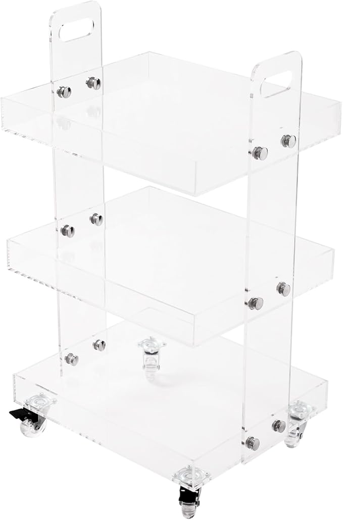 3-Tier Acrylic Utility Rolling Cart, Utility Rolling Cart Storage Cart with Wheels for Home Bar, Kitchen, Living Room, 16.4" L x 13.4'' W x 27.6'' H