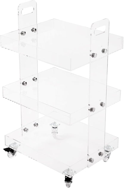 3-Tier Acrylic Utility Rolling Cart, Utility Rolling Cart Storage Cart with Wheels for Home Bar, Kitchen, Living Room, 16.4" L x 13.4'' W x 27.6'' H