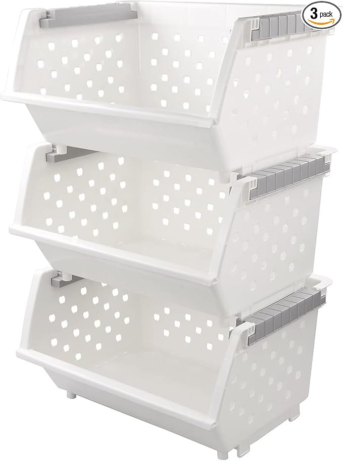 3 Pack Large Stackable Storage Bins Kitchen Plastic Stacking Basket, White