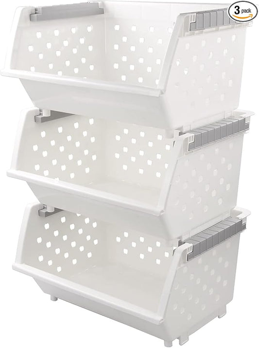 3 Pack Large Stackable Storage Bins Kitchen Plastic Stacking Basket, White