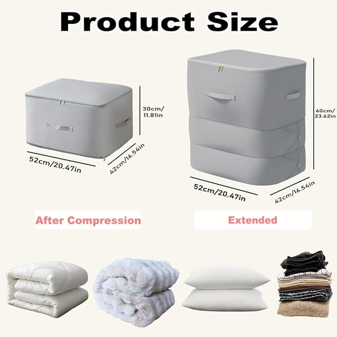 JUPITER WARRIOR Ultra Space Saving Self Compression Organizer, 3-Layer Zipper Large Capacity Storage Bag, Thick Satin Fabric Heavy Duty Bags for Comforters Blankets Bedding Duvet (Gray, X-Large, 2PCS)