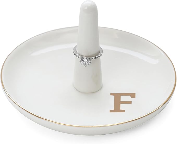 HOME SMILE Initials Ring Holder Jewery Tray with personalized F-Monogrammed Engagement Gifts for Friends,Birthday Mother's Day Christmas Gifts for Women,Ceramic White
