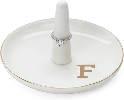 HOME SMILE Initials Ring Holder Jewery Tray with personalized F-Monogrammed Engagement Gifts for Friends,Birthday Mother's Day Christmas Gifts for Women,Ceramic White