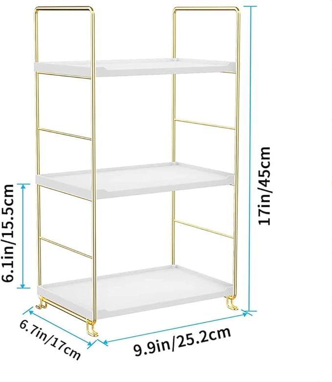 kaileyouxiangongsi 3-Tier Kitchen Spice Rack, Freestanding Stackable Organizer Shelf, Bathroom Countertop Storage Shelf, Cosmetic Organizer Holder, Square Standing Rack (Golden)