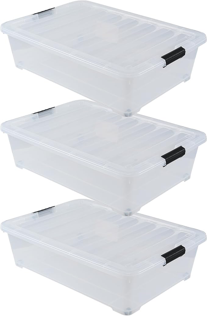 Buyitt 50 Quart Wheeled Latching Storage Box, Stackable Bin with Latch Lid, Plastic Container to Organize Shoes Underbed (3 Pack)