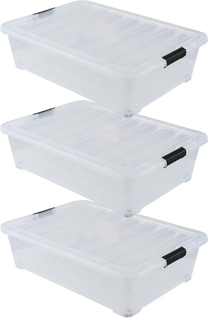 Buyitt 50 Quart Wheeled Latching Storage Box, Stackable Bin with Latch Lid, Plastic Container to Organize Shoes Underbed (3 Pack)