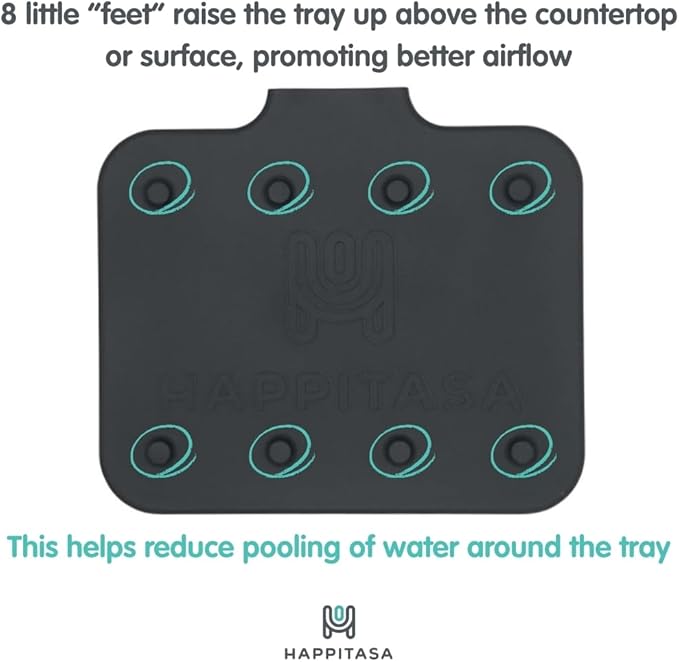 Happitasa Silicone Soap Dish Tray and Sponge Holder with Drain Chute and Feet | 3-Way Sloped Design | Bathroom and Kitchen Sink Organizer Caddy (Grey, 5"x4")