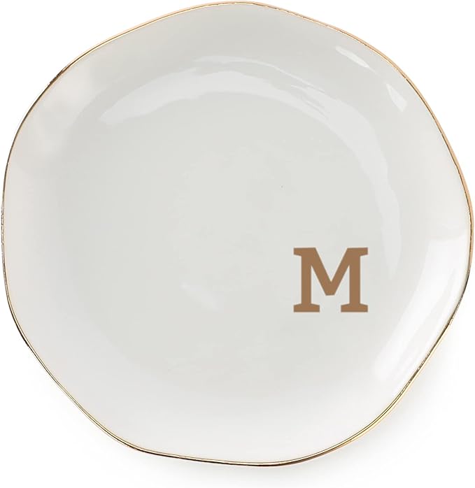VINCOMIC Initials Ring Dish Jewery Tray with Personalized M-Monogrammed Mother's Day Gifts Wedding Engagement for Women Friends sister,Ceramic White