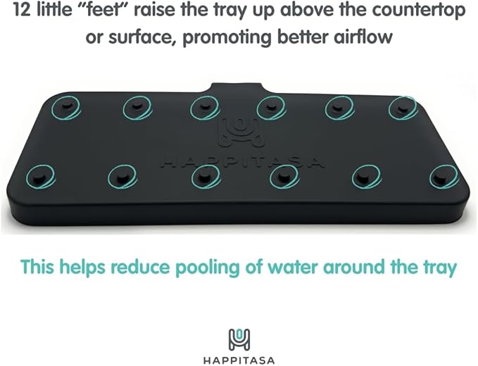 Happitasa Silicone Soap Dish Tray and Sponge Holder with Drain Chute and Feet | 3-Way Sloped Design | Bathroom and Kitchen Sink Organizer Caddy (Black, 10"x4")