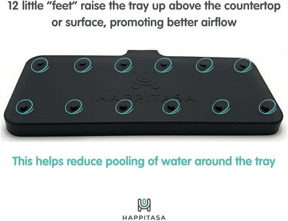 Happitasa Silicone Soap Dish Tray and Sponge Holder with Drain Chute and Feet | 3-Way Sloped Design | Bathroom and Kitchen Sink Organizer Caddy (Black, 10"x4")