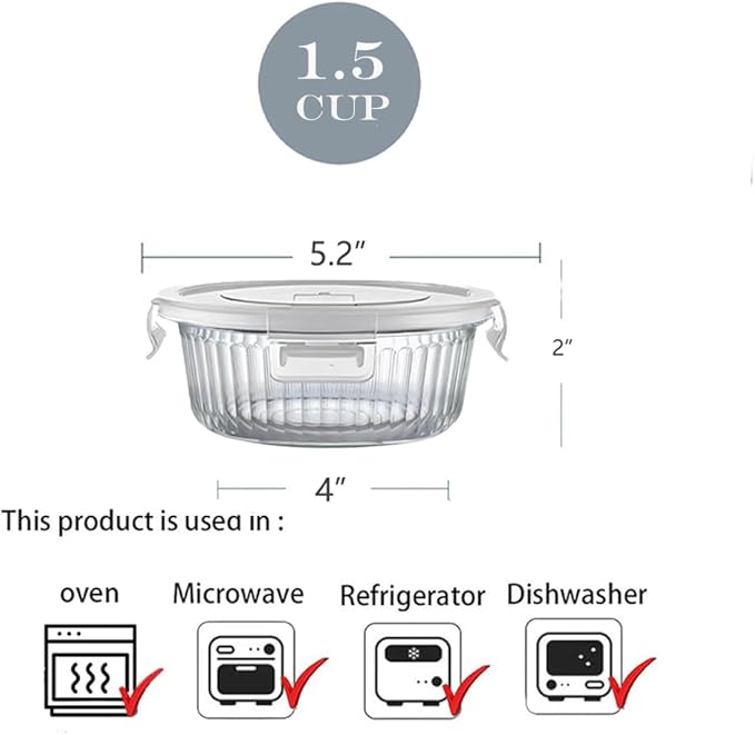 H.JSS WDJS 12oz Round Glass Meal Prep Containers with Airtight Lids, 1.5-Cup Round Glass Food Storage Containers Set, Heat-Resistant BPA-Free for Soup, Leftover, Microwave, Dishwasher, Freezer Safe