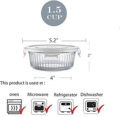 H.JSS WDJS 12oz Round Glass Meal Prep Containers with Airtight Lids, 1.5-Cup Round Glass Food Storage Containers Set, Heat-Resistant BPA-Free for Soup, Leftover, Microwave, Dishwasher, Freezer Safe