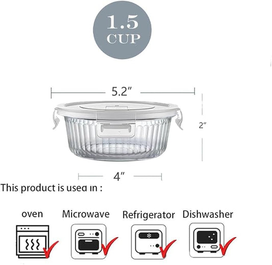 H.JSS WDJS 12oz Round Glass Meal Prep Containers with Airtight Lids, 1.5-Cup Round Glass Food Storage Containers Set, Heat-Resistant BPA-Free for Soup, Leftover, Microwave, Dishwasher, Freezer Safe