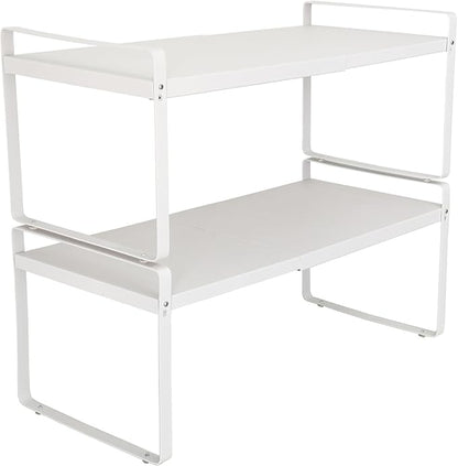 Set of 2 Expandable Cabinet Shelf Organizer, White Kitchen Countertop Shelves, Stackable Metal Pantry Storage Organizer for Cupboard, Spice Rack