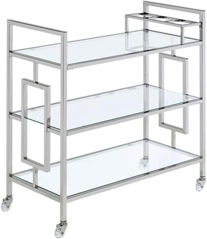 BOWERY HILL Contemporary Clear Tempered Glass Serving Bar Cart