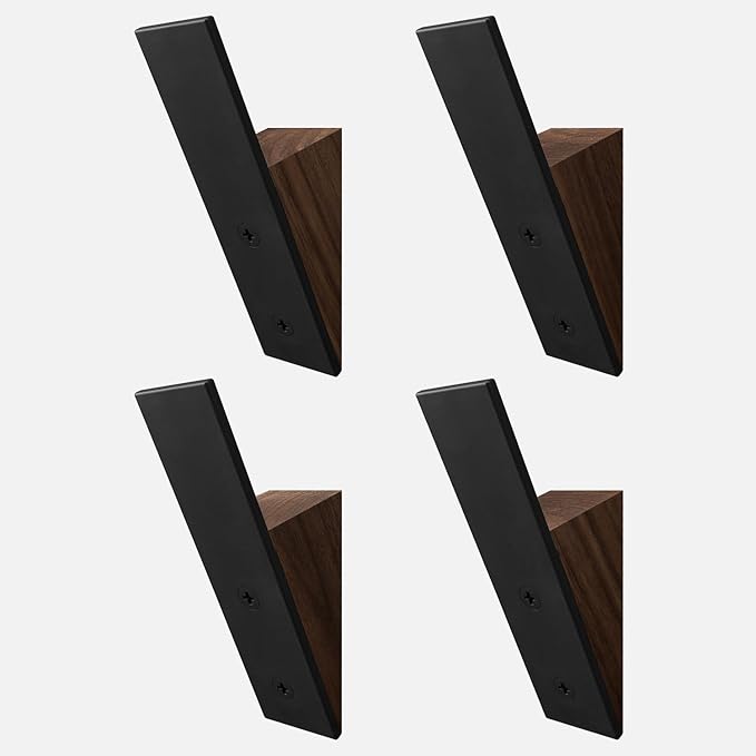 Homeforia Walnut Wood Coat Hooks, High End Walnut Wood & Black Metal Wall Mounted Coat Hooks, Mid-Century Modern Clothes Hooks, Heavy Duty Wooden Hooks for Hanging Coats, Hats, Towels & More, Set of 4