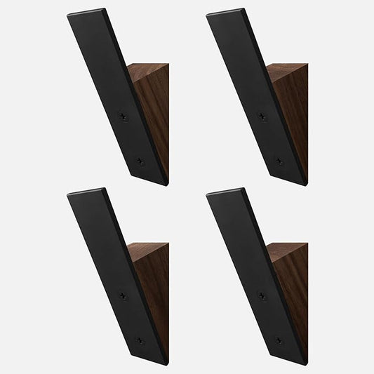 Homeforia Walnut Wood Coat Hooks, High End Walnut Wood & Black Metal Wall Mounted Coat Hooks, Mid-Century Modern Clothes Hooks, Heavy Duty Wooden Hooks for Hanging Coats, Hats, Towels & More, Set of 4