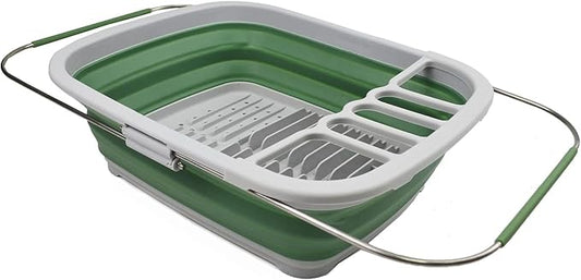 SAMMART 8L (2.11Gallons) Expandable Collapsible Plastic Dish Drainer - Foldable Drying Rack - Portable Dinnerware Organizer - Space Saving Kitchen Storage Tray (Grey/Dark Sea Green, 1)