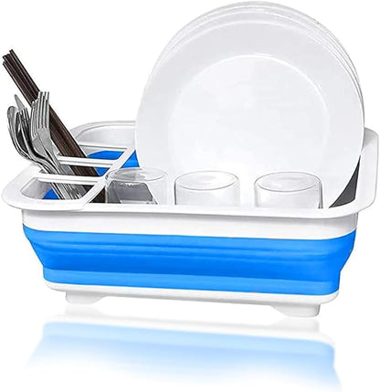 Collapsible Dish Rack Foldable Dish Drying Rack Portable Dish Drainer Dinnerware Organizer Rack Folding Tableware Storage Rack Cutlery Rack for Kitchen Counter RV Camper Accessories (Blue)