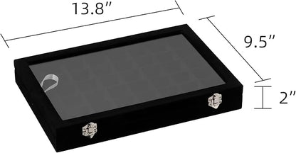 Frebeauty 48 Grid Jewelry Tray,Adjustable Earring Holder Organizer with Glass Lid,Velvet Drawer Jewelry Organizer for Rings,Studs,13.8 x 9.5 x 2 Inches Jewelry Display Box,Gift for Women(Black)