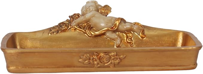 S-MANTIS Vintage Tray Antique Trinket Dish, Small Rectangular, Ring Holder With Cherub and Floral Design,Jewelry Or Cosmetics Makeup Storage Organizer,Gift,Aesthetic Room Decor (Ivory and Gold-Cherub)