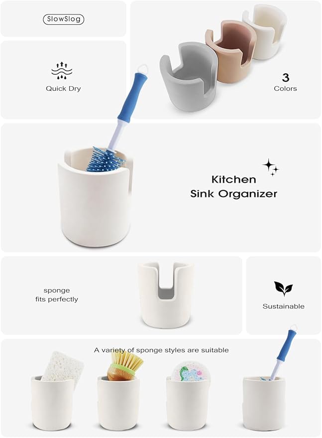 Slow Slog Diatomite Sponge Holder, Dish Sponge Stand for Kitchen Countertop, Stone Sponge Caddy Organizer, Face Sponge Holder, Cream
