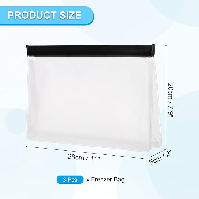 PATIKIL 11"x2"x7.9" Reusable Freezer Bag, 3 Pcs Leakproof Zip Food Storage Stand Up Bags Fridge Snack Vegetable Fruit Ice Container for Long-Lasting Freshness, Black