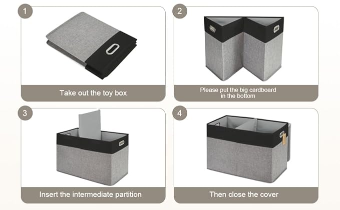 Large Toy Storage Box with Lid, Collapsible Toys Storage Organizer Bins with Dividers and Handles, Storage Chest Bin for Kids, Boys, Girls, Nursery 25"x13" x16" (Balck & Gray)