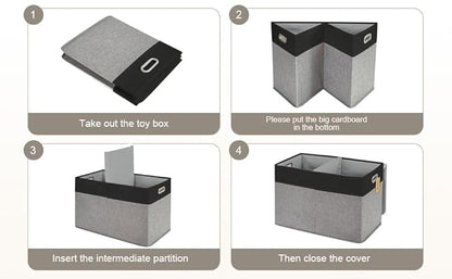 Large Toy Storage Box with Lid, Collapsible Toys Storage Organizer Bins with Dividers and Handles, Storage Chest Bin for Kids, Boys, Girls, Nursery 25"x13" x16" (Balck & Gray)
