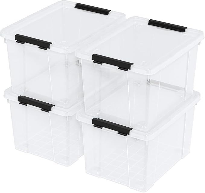 Minekkyes 22 Quart Stackable Plastic Storage Bins with Lids and Latching Buckles, 4 Pack Tubs Boxes Organizing, Clear
