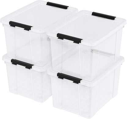 Minekkyes 22 Quart Stackable Plastic Storage Bins with Lids and Latching Buckles, 4 Pack Tubs Boxes Organizing, Clear